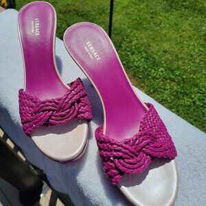 Versace Fushia Woven Leather Slide Mules